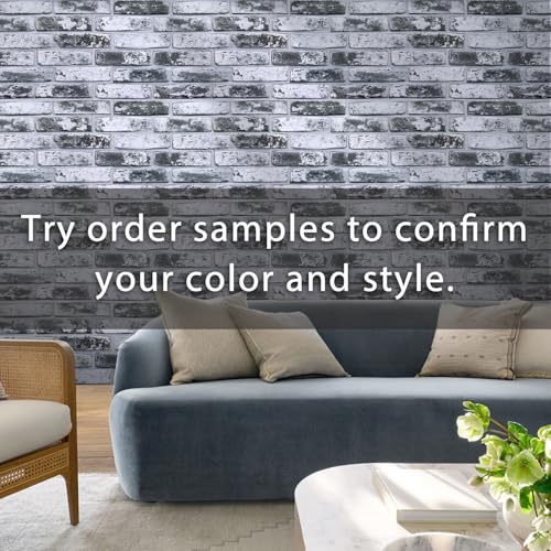 Commomy Faux Brick 3D Wall Panels - 12 pcs of 22.8" x 11.8" Thin & UrltraLight Grey Whitewash Brick Peel and Stick Tile DIY Printable for Kitchen, Bedroom,Living Room(Covers 22.48 sq.ft) by Commomy - Image 2
