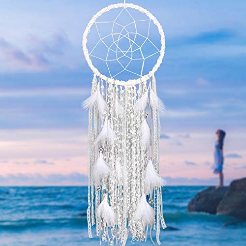Alynsehom Extra Large Dream Catcher Kids Wall Hanging Decoration Handmade White Feather Boho Big Dreamcatchers with Bells Wedding Dream Catchers Bedroom Craft Ornament Gift (Dia 12", Length 41")