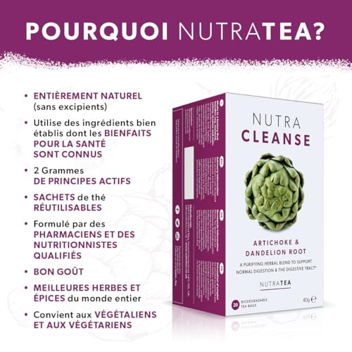 Nutra Tea NutraCLEANSE Tisane d'artichaut et de racine de pissenlit - Mélange de tisane apaisant aux herbes avec chardon-marie et racine de réglisse - 20 sachets emballés individuellement (1 paquet) – vue 3