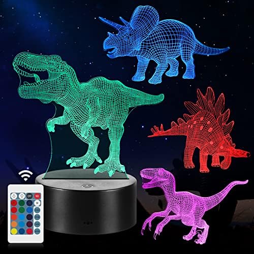 3D Night Light, Dinosaur Illusion LED Lamp Gifts for Boys Girls, 16 Colour Changes with Remote Control, Bedroom Decor Idea Creative Birthday Gift for Kids(4 PCS)