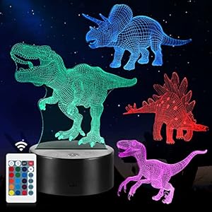 Regali di Dinosauro, 4 Pezzi di Luce Notturna con Lampada a Dinosauro 3D con 16 Cambi di Colore e Telecomando, Regali per Bambini da 3 4 5 6+ anni (4 pcs)