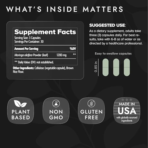 Restology Labs Organic Moringa Leaf Capsules | 1200mg | Non-GMO Nutrient-Dense Superleaf Supplement, Made in USA - 90 Capsules, 30-Day Supply — view 5