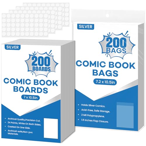 Image of 200 Pack Silver Age Comic Book Bags and Boards, 7.2 inch x 10.5 inch Clear Comic Book Sleeves, Acid-Free Thick Comic Backing Boards for Collectible Book Storage