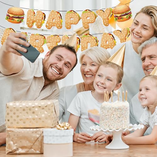 Image of Hamburger Happy Birthday Banner, Hamburger Birthday Party Decorations, Fast Food Snacks Themed Birthday Party Supplies