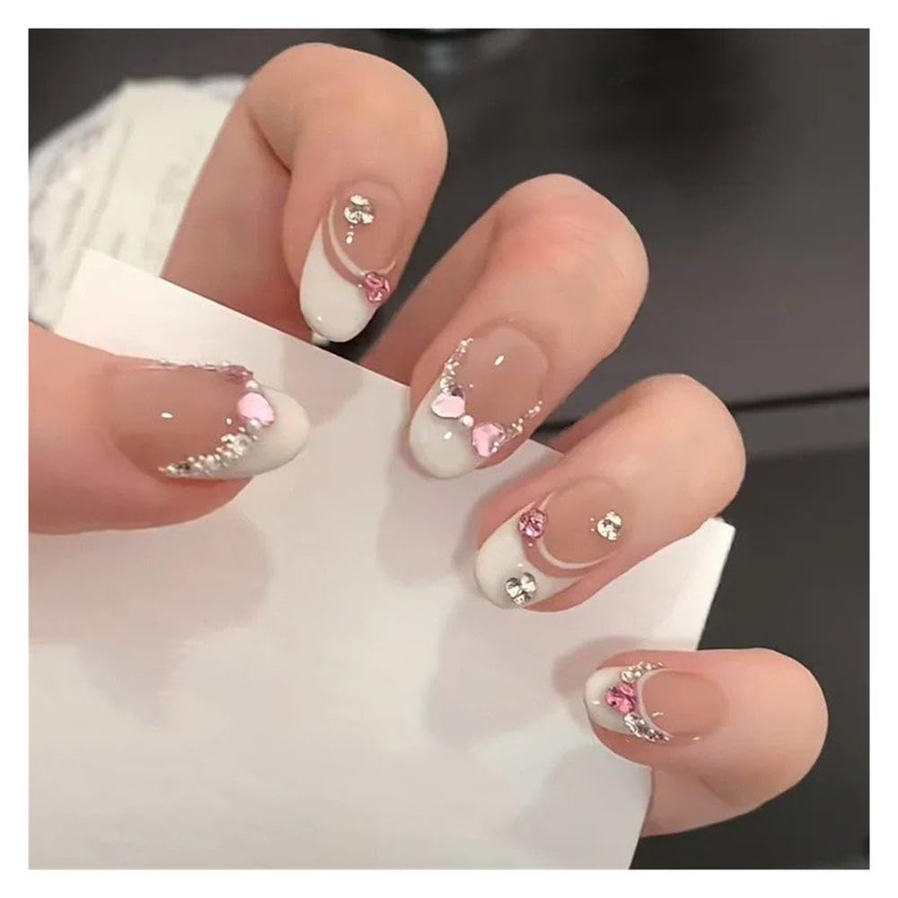 10Pcs White French Pink Heart Diamond Press On Nails Short Oval Artificial Fake Nail Patches DIY Manicure(XS-Y2)