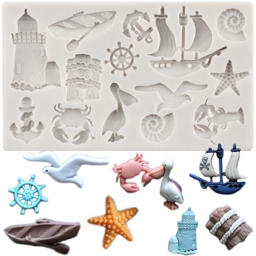 MINFEIDMS Sailing Anchor Rudder Fondant Molds Lighthouse Silicone Mold