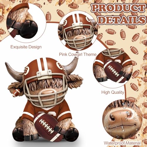 Wesiti 2 Pcs Football Highland Cow Figurines Resin Sport Ornament Set, Cute Bull Statue with Helmet and Trophy, American Football Fan Gifts for Players Coaches Team Table Decor