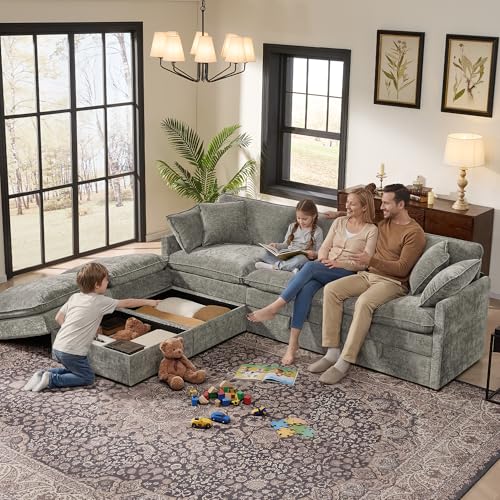 Image of Ihanherry 103 inch Modular Sectional Sofa with Storage, U Shaped Cloud Couch with Movable Ottomans & 4 Pillows, Chenille Deep Seat Sectional Couches for Living Room, Apartment (Grey)