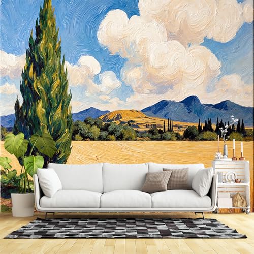 Custom Size Wall Murals,Cypress Tree Field Landscape Rolling Hills Blue Sky White Clouds Impasto Oil Painting,SelfAdhesive Wall Fabric(NO PVC) Removable Large Wallpaper for Living Room