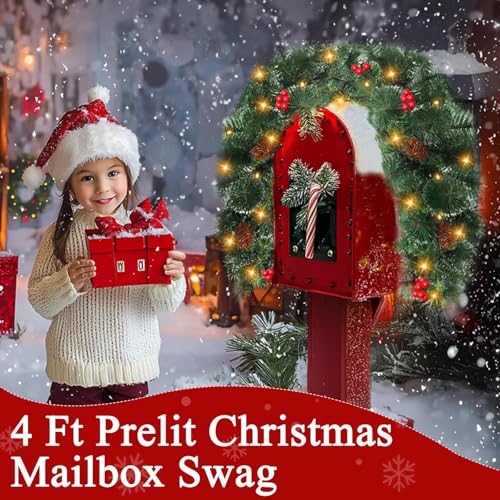 [ Timer & Remote ] 4 Ft Prelit Christmas Mailbox Swag Decorations with 30 Warm White & Colored Change Light Red Berry Pinecone, 8 Modes Battery Operated Snowy Tip Xmas Mailbox Decor for Home Outdoor by TURNMEON - Image 3
