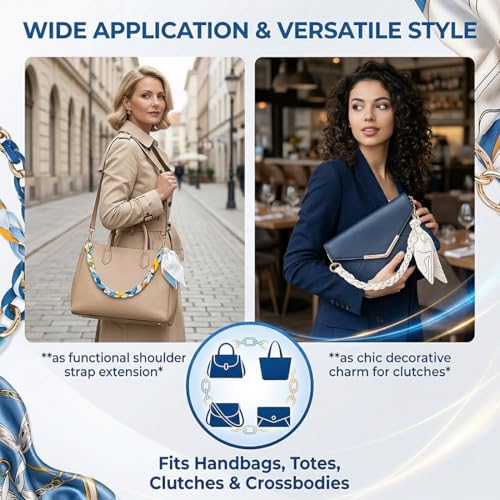 YIPFEN 2 Stück Bag Extender Kette, Designer Taschenhenkel aus Seidenschal mit Metallkette, goldene Karabiner, für Handtasche, Schultertasche, Clutch (Blau & Weiß)