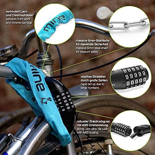 Bike Chain Lock & Extra Strong Heavy Duty Steel | Long High Security Cable Combination Code: Bicycle Motor Cycling, Door Gate Fence Outdoor Wheel Cycle Safety Theft Protection, 5-Digit Figures Secure