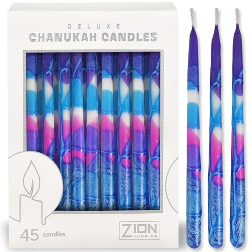 Aviv Judaica Girls Puprle & Pink Hanukkah Candles Set of 45 Multi-Hued Frosted Thin Tapered Chanukah Candles 1 Hour for Hanukah with DIY Dreidel & Candle Lighting Blessings