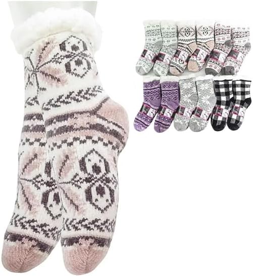 vkwear Women's Pack of 12 Festive Plaid Sherpa Non-Slip Winter Weight Slipper Socks