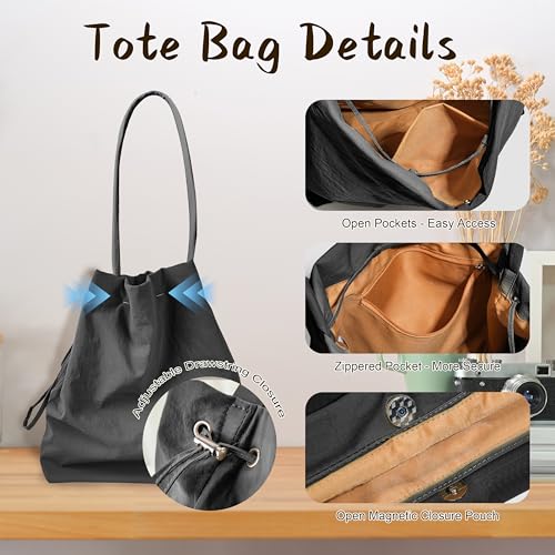 Bolso tote de gran capacidad con cierre de cordón, impermeable, de nailon, para mujer miniatura 6