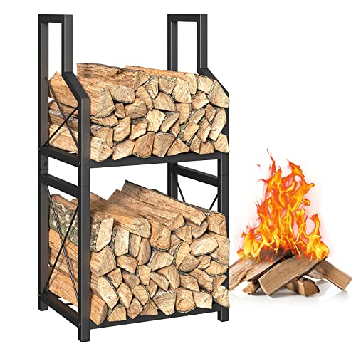 Small Firewood Rack Holder For Indoor Fireplace, 2-Tier Fire Wood Log Storage Rack Stacker Stand, Strong And Durable For Outdoor Patio, Fire Pit, Stove, Black #TOP18