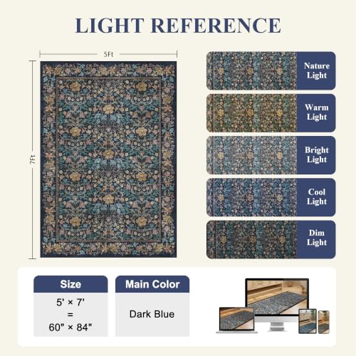 DUKINO 5x7 Area Rugs, Vintage Floral Washable Rug for Living Room Dark Blue by DUKINO - Used condition - Image 3