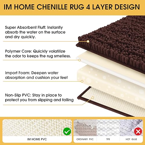 ACCUMTEK Upgrade Extra Large Brown Bathroom Rug Set 3 Pieces Ultra Soft, Thick Absorbent Bath Mats, Non Slip Chenille Toilet Mat for Bathroom, Bedroom, Kitchen, Dark Coffee by ACCUMTEK - Image 4