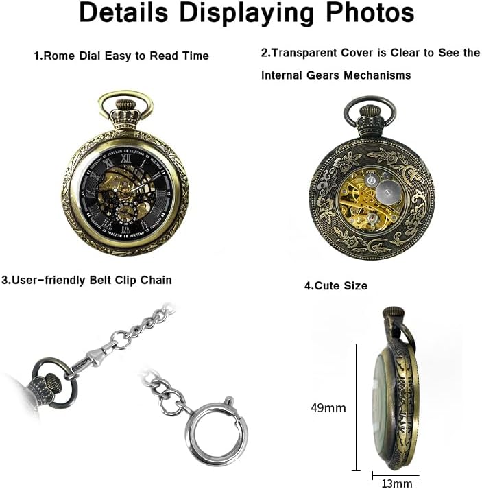 BOSHIYA Vintage Mechanical Pocket Watches for Men Luminous Steampunk Pocket Watch with Chain Golden Skeleton Dial Roman Numberals Pocketwatch Gifts for Fathers Day