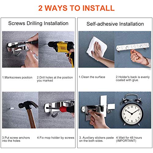Mop Broom Holder- Wall Mount Stainless Garage Tools Organizer with 3 Racks 4 Hooks, Hold up to 20 Lbs, Organizers and Storage for Kitchen Bathroom and Garage. - Thumbnail 3