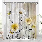 AAtter Yellow Floral Shower Curtain Farmhouse Vintage Flower Rustic Country Mustard White Daisy Sunflower Butterfly Cute Cottagecore Home Bathroom Decor Bathtub Set with 12 Hooks, 60X72 Inch, Retro