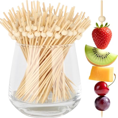 200PCS Cocktail Picks, Natural Wooden Ball Fancy Toothpicks for Appetizers, 4.7 Inch Long Bamboo Skewers Garnish Sticks for Food Drinks Sandwich Fruit Charcuterie Boards Accessories Party Supplies