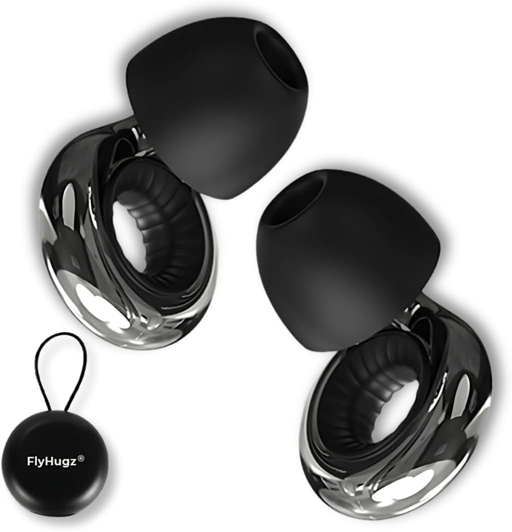 FlyHugz HushLoop - Grey Noise Cancelling Ear Plugs for Sleeping, Tinnitus Relief & Snoring – Reusable Loop Earplugs for Concerts, Travel, Work – with Carry Case
