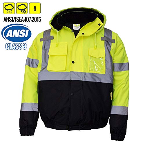 New York Hi-Viz Workwear WJ9012-L Men's ANSI Class 3 High Visibility Bomber Safety Jacket, Waterproof (Large, Lime) - Thumbnail 4