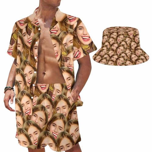 Custom Face Men's Hawaiian Shirts and Shorts Set Personalized 2-Piece Hawaii Suits Button Down Beach Outfit with Bucket Hats