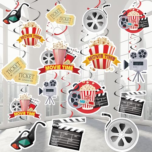 Decoración de noche de película para fiestas de cine – 16 unidades de remolinos colgantes para noche de película, palomitas de maíz, gafas 3D, solapas de película, cámara, espirales, guirnaldas,