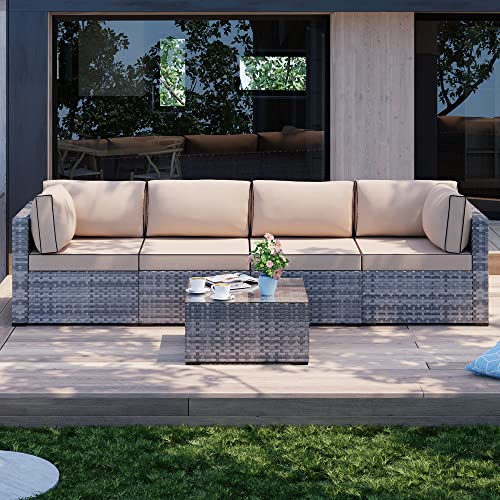 Shintenchi 5 Pieces Outdoor Patio Sectional Sofa Couch, Silver Gray Pe Wicker Furniture Conversation Sets With Washable Cushions & Glass Coffee Table For Garden, Poolside, Backyard (Khaki) #TOP1