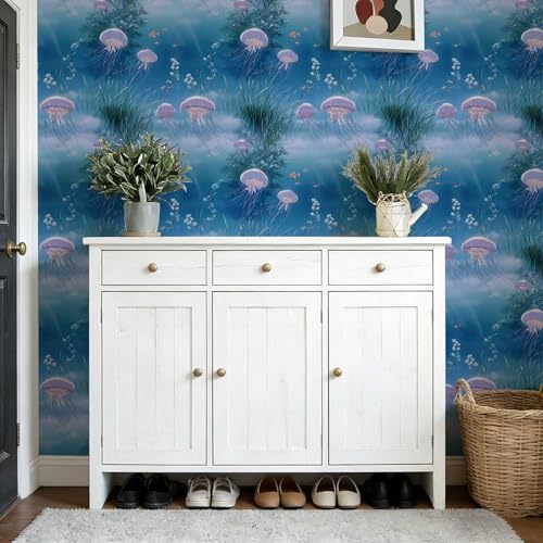 SuxiGlo Underwater Jellyfish Peel and Stick Wallpaper, (Blue and Purple) Dreamy Ocean Pattern Wallpaper for Home Decor | 17.7" x 236", Self-Adhesive, Waterproof Vinyl by SuxiGlo - Used condition - Image 3