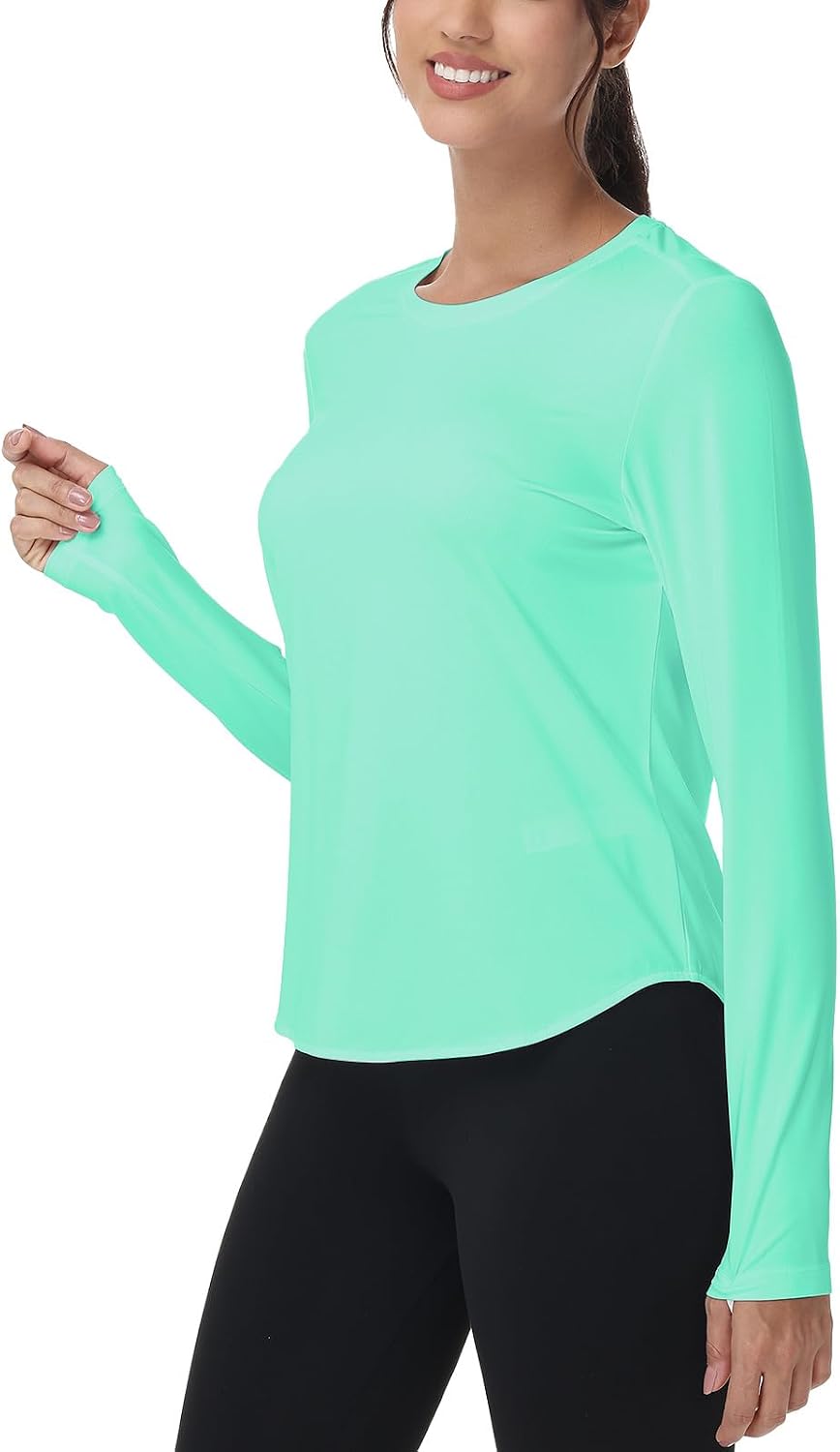 Women's Moisture-Wicking Long Sleeve Workout Tops Sun Protection Shirts | Stretchy Quick Dry Gym Hiking Running UV Shield Shirt with Back Reflective Dots
