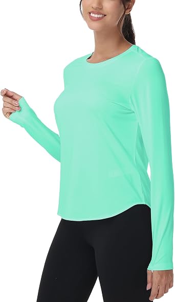 Womens Moisture-Wicking Long Sleeve Workout Tops Sun Protection Shirts | Stretchy Quick Dry Gym Hiking Running UV Shield Shirt with Back Reflective Dots