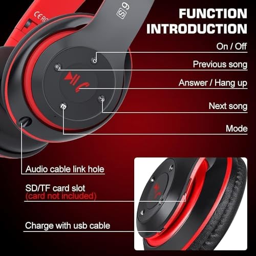 Wireless Bluetooth Headphones Over Ear, Hi-Fi Stereo Foldable Wireless Stereo Headsets Earbuds with Built-in Mic, Volume Control, FM for iPhone/Samsung/iPad/PC (Black & Red)