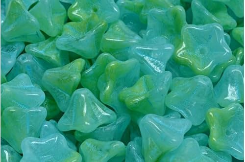 Outlet 10 Grams Petunia Flower Beads, 8 x 13 mm, 56027 Turqouise Spotted (56027-33309), Glass, Czech Republic
