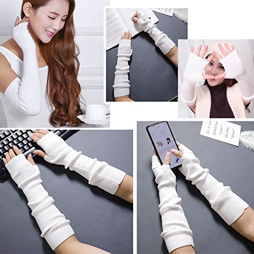 Bellady Women Knit Soft Fingerless Gloves Arm Warmers Extra Long Gloves,White #TOP3