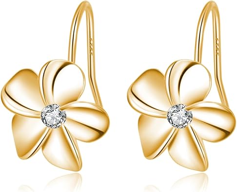Reffeer Solid 925 Sterling Silver Hawaiian Plumeria Flower Drop Earrings for Women Teen Girls CZ Flower Drop Earrings Dangle