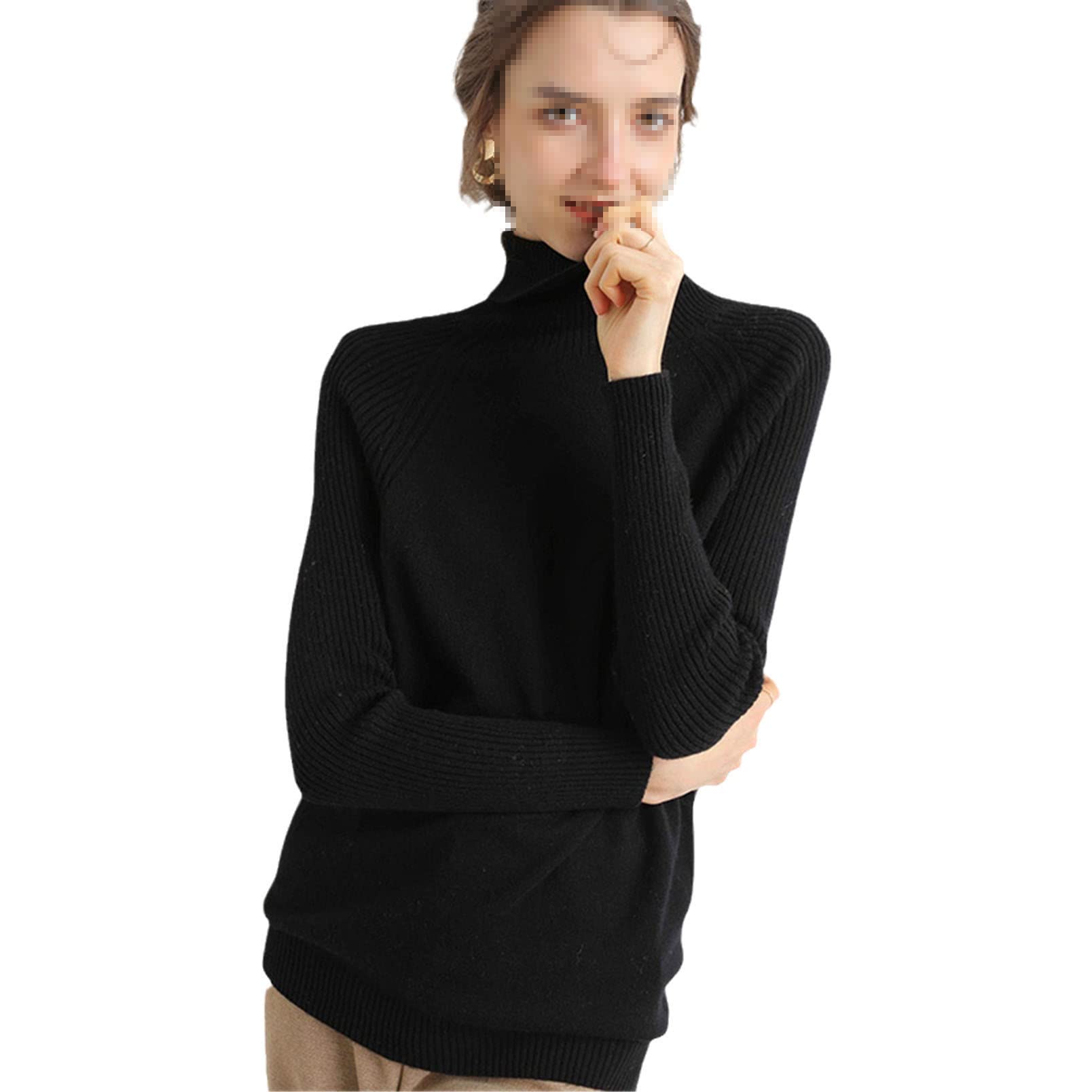 Damski sweter z kaszmiru z golfem długie rękawy dzianinowy sweter, Czarny, S