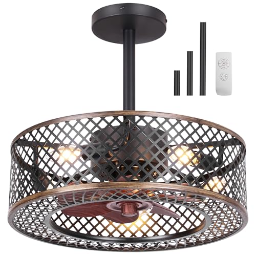 REDSTAR Small Caged Ceiling Fans with Lights, Black Industrial Ceiling Fan with Light and Remote, Farmhouse Ceiling Fan Light for Living Room, Bedroom, Kitchen (Modern Minimalist)