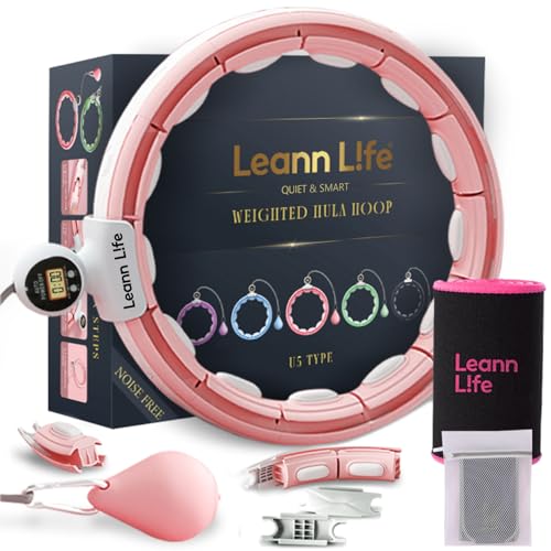 Leann L!fe U5-16 Knots 28”- 46”Counter, Waist Trimmer & Wash Bag, Upgraded Quiet Smart Weighted Hula Hoop for Adults Weight Loss, Infinity Hoop Plus Size, Fitness Exercise, Abdominal Toner, Pink