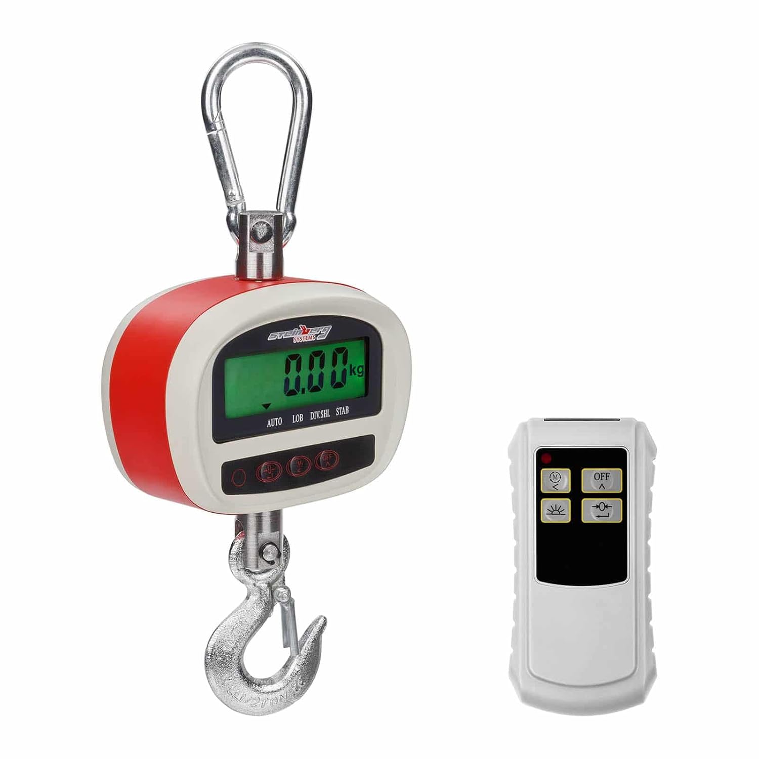 Steinberg Systems SBS-KW-300KC Crane Scales Hanging Scales Digital with Remote Control 300 kg / 50 g LCD Display with Safety Hook Snap Hook 6 Batteries Red/White