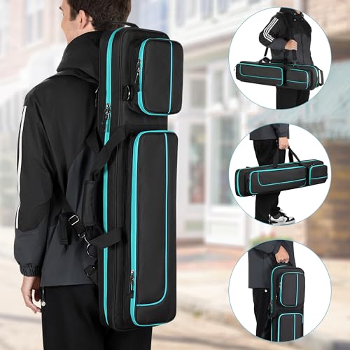 GOBUROS 4x4 Pool Cue Case Hold Up to 4 Butts and 4 Shafts, Pool Stick Carrying Case with Front Accessories Pockets, Billiard Cue Cases with Shoulder Straps, Black and Green