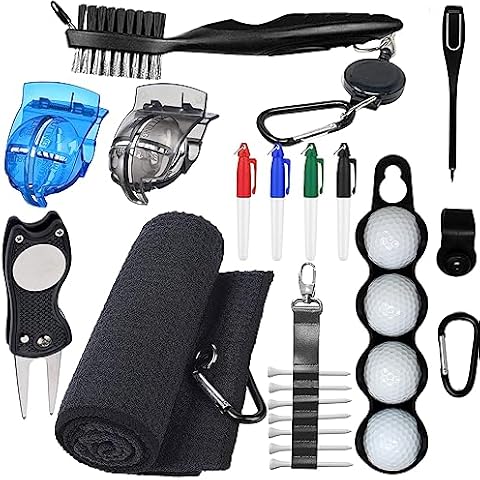 RE GOODS Golf Accessories Kit - Includes Towel, Ball Holder, Brush, Divot Repair Tool, 2 Ball Alignment Stencil, Tee Holder, Putting Marker, 4 Permanent Markers, Pencil Cover