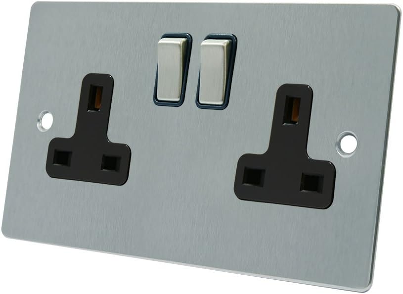 AET FSC2GSOCBS 13 A 2-Gang Satin Chrome Flat Double Plug Socket with Black Insert Metal Rocker Switches
