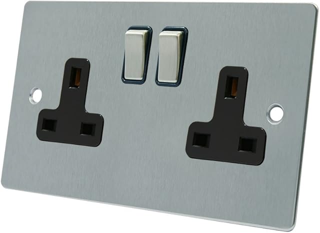AET FSC2GSOCBS Satin Chrome Flat Black Insert Metal Rocker Switches-13 Amp Double 2-Gang Plug Socket, 240 V