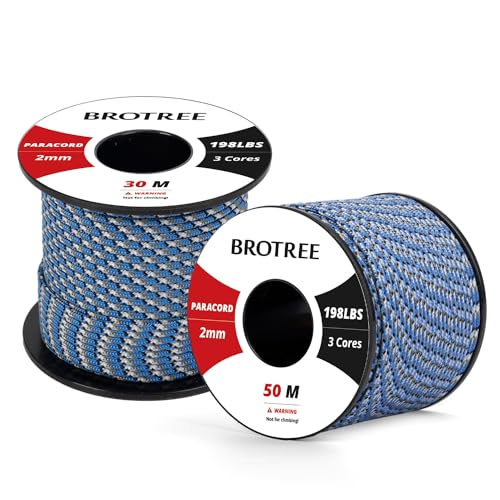 Brotree 2mm Paracord 3 Strands 50M 100% Nylon Rope Parachute Cord for Outdoor, Craft, DIY - 90kg Breaking Load (Blue White Camo)