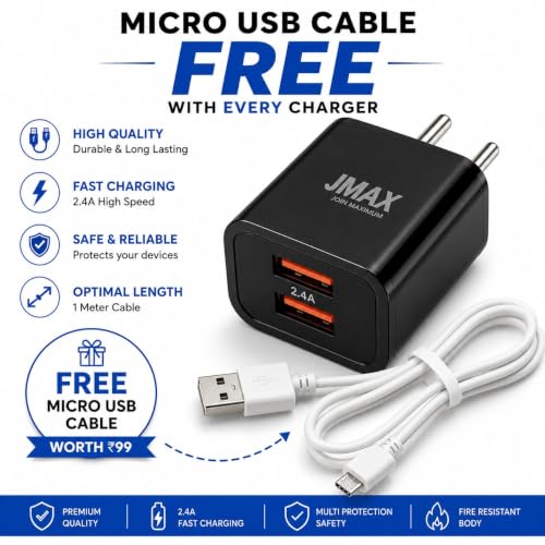 Image of Jmax 2.4A Dual USB Mobile Charger with Free Micro USB Cable | Fast Charging Dual USB Wall Charger Adapter | Smart IC Protection | Compatible with Nokia, Samsung, Lava, Jio, OnePlus, Realme, Oppo
