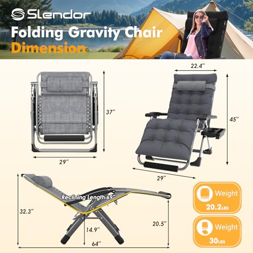 Image of Slendor Oversized Zero Gravity Chairs XL, 29in Recliner Chair, Dark Grey | Reclining Lounge Chair, Folding Anti Gravity Chairs w /Aluminum Alloy Lock, Removable Cushion&Headrest, 440lbs, for Lawn Patio