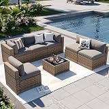 Aoxun Patio Furniture Sets, 7-Piece Outdoor Patio Furniture with Thick Cushions, Wicker Outdoor Conversation Set Sectional Sofa for Backyard, Poolside, Garden (Included Waterproof Cover